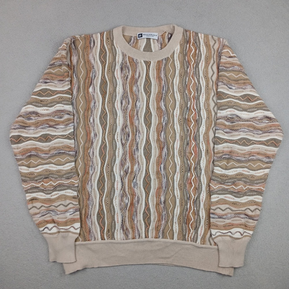 Bachrach Sweater Mens Medium Tan 3D Textured Knit Style Made In Italy Vintage